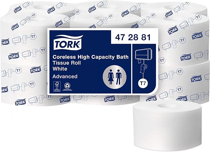 Tork Coreless High-Capacity Toilet Paper Roll White T7, Advanced, 2-Ply, 12 x 1000 sheets, 472881