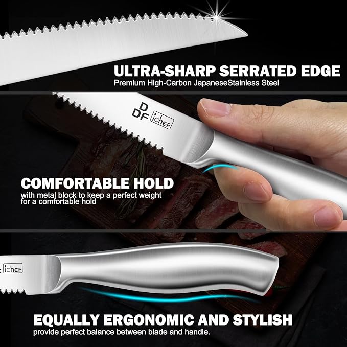 Steak Knives Set of 6, 4.5-Inch Serrated Steak Knives, Dishwasher Safe | Steak Knives High Carbon Stainless Steel, Serrated Knives with Ergonomic Hollow Handles, Silver, for Families & Restaurants