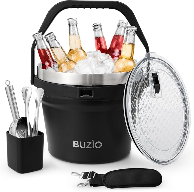 BUZIO 7.4 Qt/7 L Large Insulated Ice Bucket with Lid and Scoop & Tongs | Double Wall Vacuum Stainless Steel Beer Bucket, Holds 6 Longnecks or 3 Wine Bottles, for Parties, Cocktail Bar, Camping
