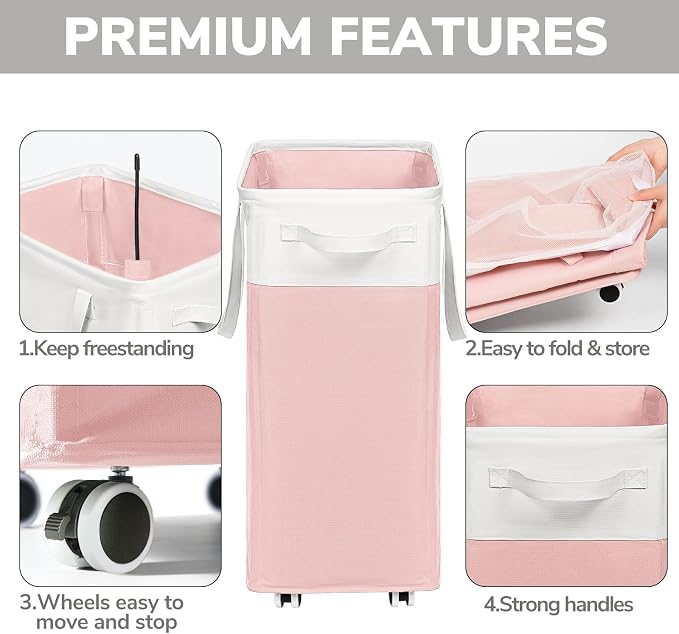 Goodpick Laundry Basket with Wheels 2-Pack, 75L Tall Clothes Hamper, Large Laundry Basket with Removable Wash Bag for Corner Dorm, Rolling Hamper, Pink&White