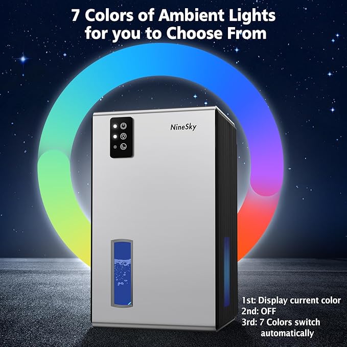 NineSky Dehumidifier, 1000 sq.ft Dehumidifiers for Home with 95oz Large Water Tank,Quiet Dehumidifier with 7-Color Ambient Light & Auto Shut Off, Dehumidifier for Basement, Bedroom, Bathroom (Silver)