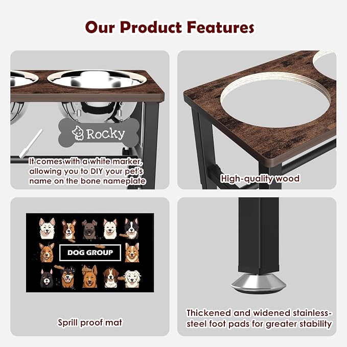 SHAINFUN Elevated Dog Bowls with Slow Feeder & Mat for Medium and Large Dogs, 12" Tall Adjustable Wooden & Metal Raised Dog Bowl Stand, 2 Stainless Steel 58oz Bowls for Food & Water