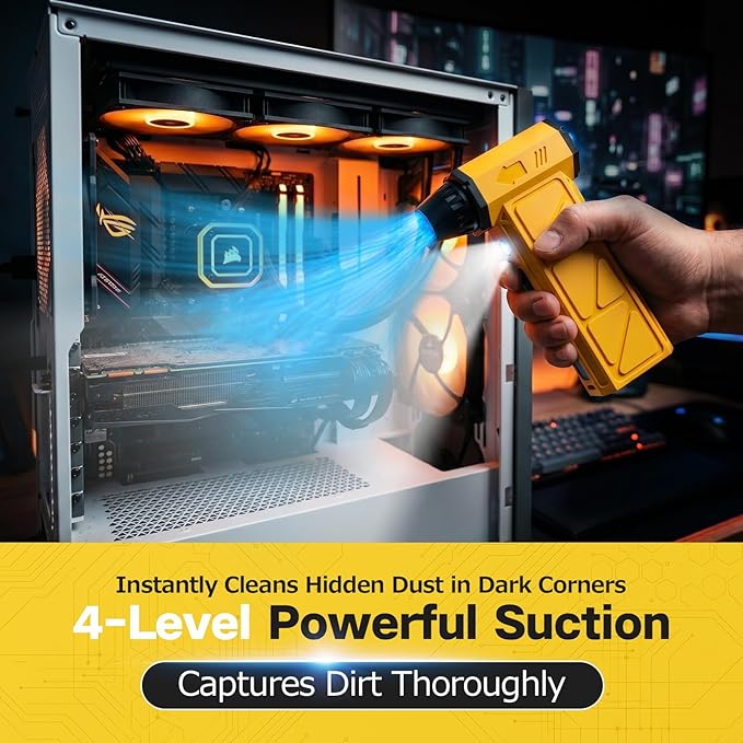 Compressed Air Duster, Industry-First O-Shaped Air Duct with 13-Blade Dual-Layer Turbo Fan, 6-in-1 Cordless Mini Blower, Vacuum & Inflator,4-Speed, LED Light & Window Breaker for Car Home, Yellow