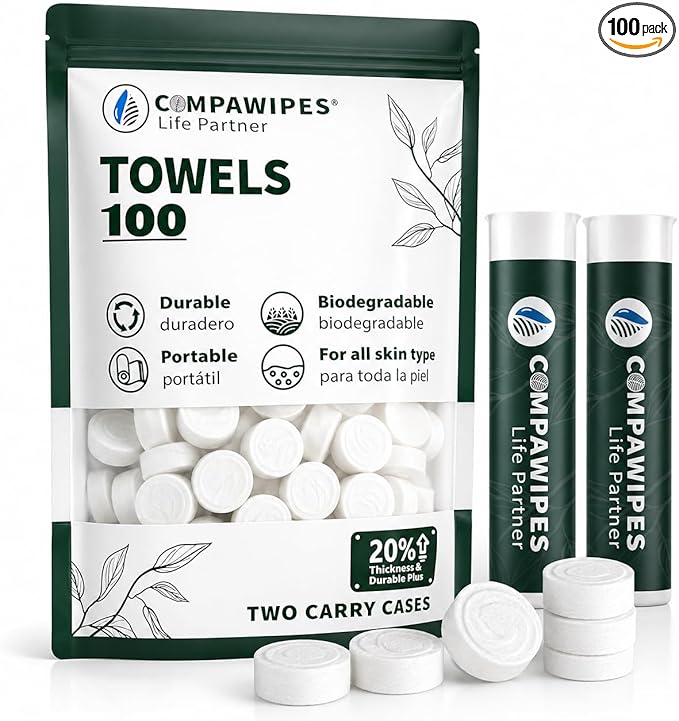 100 PCS Compressed Towel Tablets - Travel Disposable Towels, Compressed Hiking Toilet Paper, Wilderness Wipes, Compact Toilet Paper, Disposable Compressed Face Towel for Camping, Backpacking & Beauty