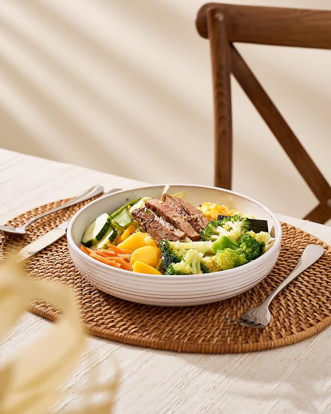 famiware Milkyway 33 oz Bowl Set, Pasta Bowls Set of 6, Salad Bowls, Double Reactive Glaze, Sturdy & Stackable, Ideal for Housewarming, Festivals, White with Speckles