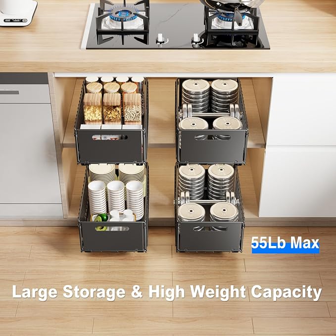 Mustorn 2 Pack Pull Out Cabinet Organizer, Slide Out Drawers for Cabinets, Peel and Stick, Heavy Duty Shelves for Kitchen, Cupboard, Pantry, Bathroom (14.76" D*9.65" W*7.87" H-Black)
