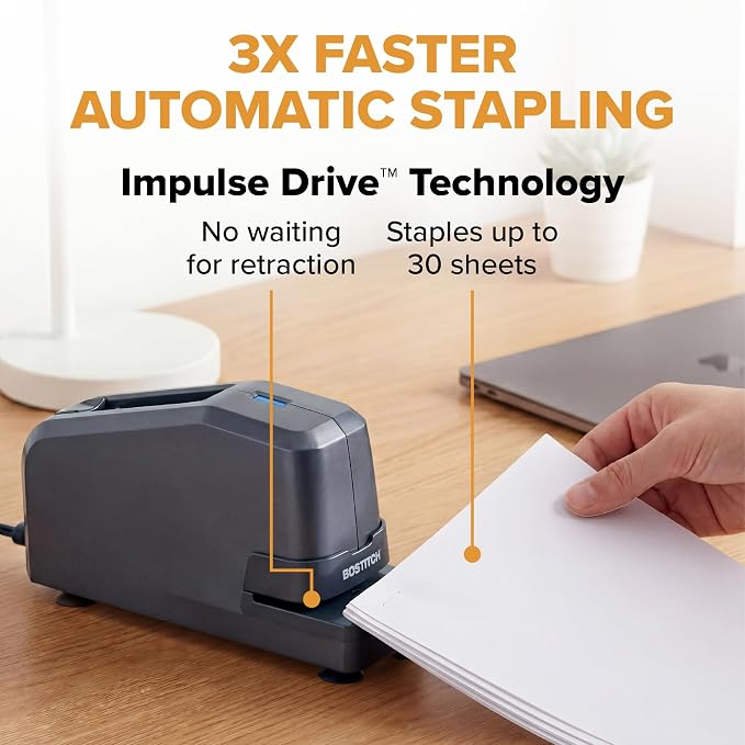 Bostitch Impulse Electric Stapler for Office, Classroom & Home, 30 Sheet Capacity, Fast No-Jam Automatic Stapling, Refill Alert & FastLoad System, Durable Design, Black, 1 Pack