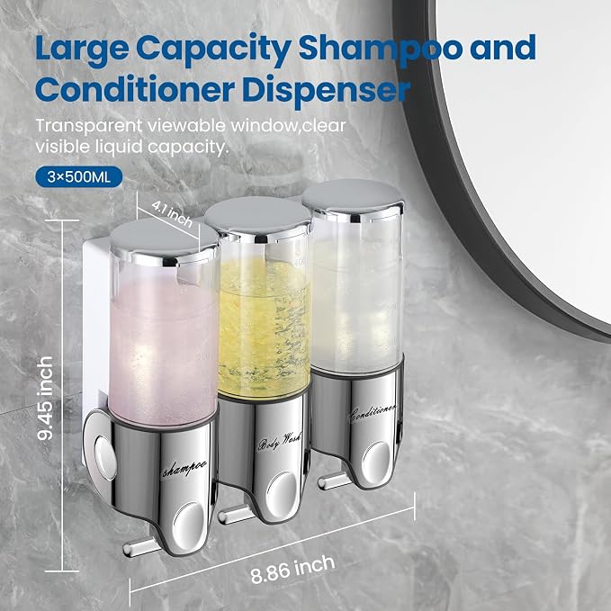 EXIN DECHEN Shampoo and Conditioner Dispenser(Triple x 16.9 oz,Clear) | Easy Installation,Wall-Mounted,Bottle Separable,Large Capacity,Shower Shampoo Conditioner Body Wash Dispenser for Bathroom