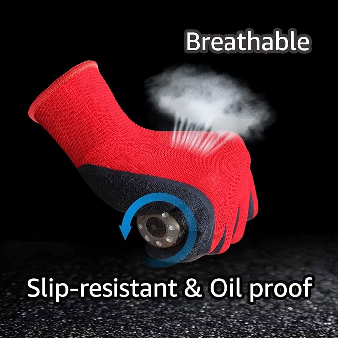 Evridwear Crinkle Latex Rubber Hand Coated Safety Work Gloves for Men Women General Multi Use Construction Warehouse Gardening Assembly Landscaping,Red Small 12 Pairs Pack