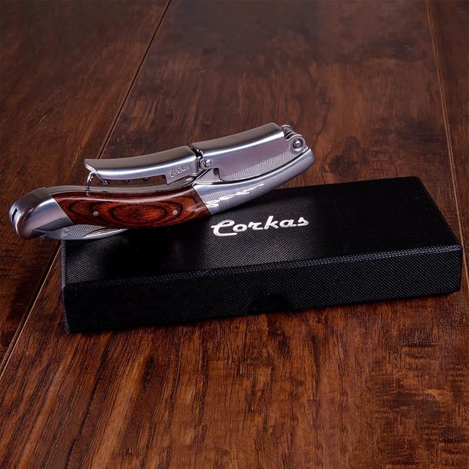 CORKAS Extravagant Professional Wine Key for Executive Waiter, Heavy Double Hinged Fulcrum Corkscrew Wine Opener with Premium Rosewood Handle and Foil Cutter, Great Birthday Gift for Sommelier, Waiter