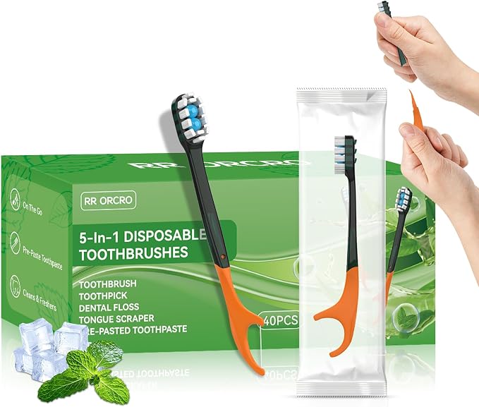 40Pack Disposable Toothbrushes with Toothpaste Pick Floss & Tongue Scraper | 5-in-1 Mini Prepasted Travel Toothbrush for Hotel Camping Flight Car Single Use Portable Individually Wrapped | Mint