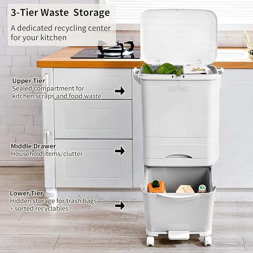 MRBIN 42L 3-Tier Kitchen Trash Can with Pedal & Wheels, 11Gal Double-Layer Recycling Center, Vertical Garbage Bin for Kitchen, Office, Bathroom