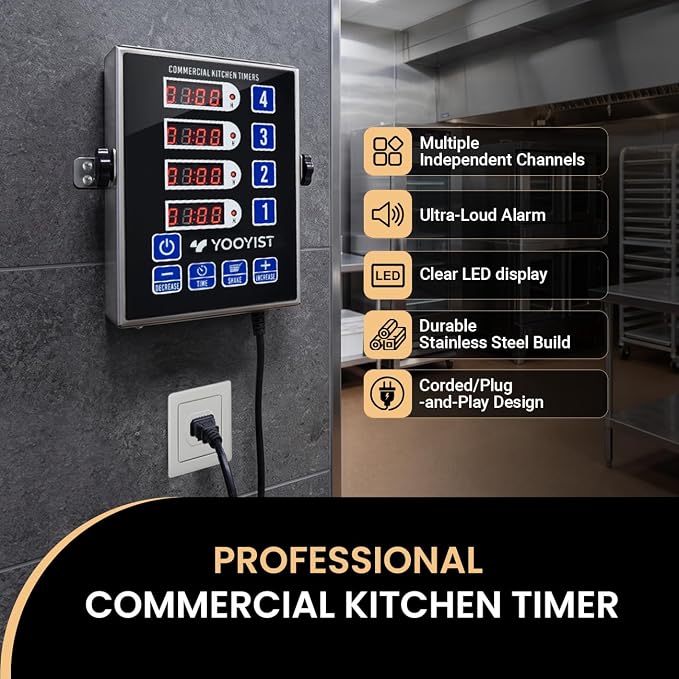 Precision Kitchen Timers for Cooking – 4 Channel Commercial Kitchen Timer Restaurant Kitchen Supplies – Stainless Steel Digital LED Chef Cooking Timer – Reminder Function, Loud Alarm, Black
