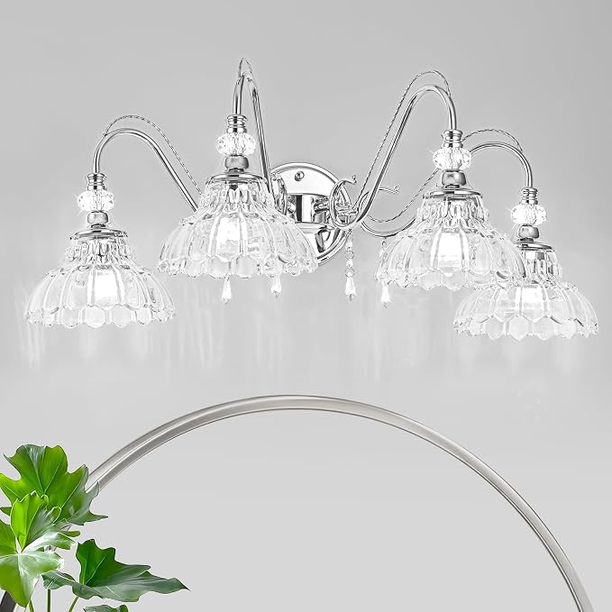 Brushed Chrome Bathroom Vanity Light, 4-Light Chrome Finish Wall Sconce with Hanging Crystal Accents and Flower-Shaped Clear Glass Shades, Modern Wall Mount Vanity Light Over Mirror for Bathroom