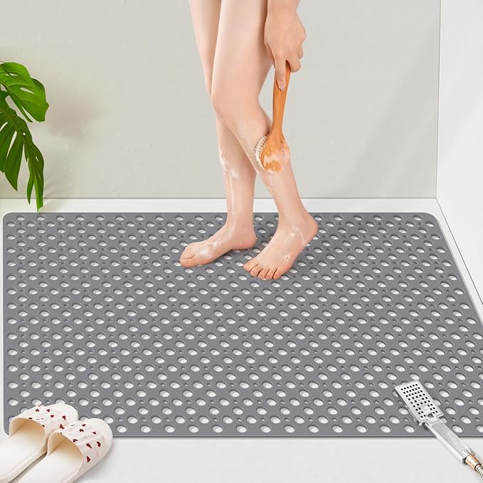 OTHWAY Large Shower Mat, 47"x 32" TPE Shower Mat Non Slip, Heavy Shower Floor Mat with Drain Holes and Suction Cups, No Odor Shower Mats for Inside Shower for Elderly Bathroom(D-Grey)