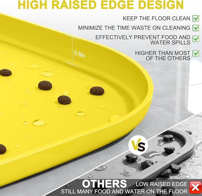 SMILOOL Waterproof Silicone Pet Food Mat with Raised Edge for Dog & Cat | 22" x 14" Non-Slip Pet Feeding Mats with Lip for Food & Water Bowl, Food Grade, Easy Cleaning, Light Yellow