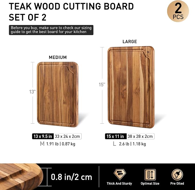 2 Pack Teak Cutting Boards for Kitchen Wood Wooden Cutting Board Non Slip | Non Toxic, Over Sink, NOT Bamboo Stainless Steel Titanium Acrylic Acacia Olive, Space-Saving, Kitchen Gift for Mom