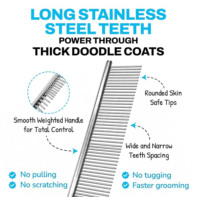 The Doodle Brush Grooming Kit, Slicker Dog Brush and Finishing Comb Set, Detangler & Dematting Grooming Tools for Dogs, Extra Long Pin Slicker & Metal Comb for Goldendoodle, Cockapoo, Cavapoo, Poodle