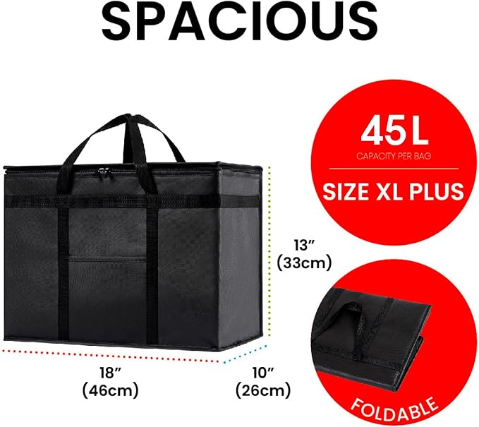 Insulated Food Bag, Portable Cooler Tote (XL Plus, Black, 4 Pack) | Large thermal bag, For cold & hot food, Soft sided cooler, Heavy duty carrier, Grocery shopping, Food delivery, Catering bag
