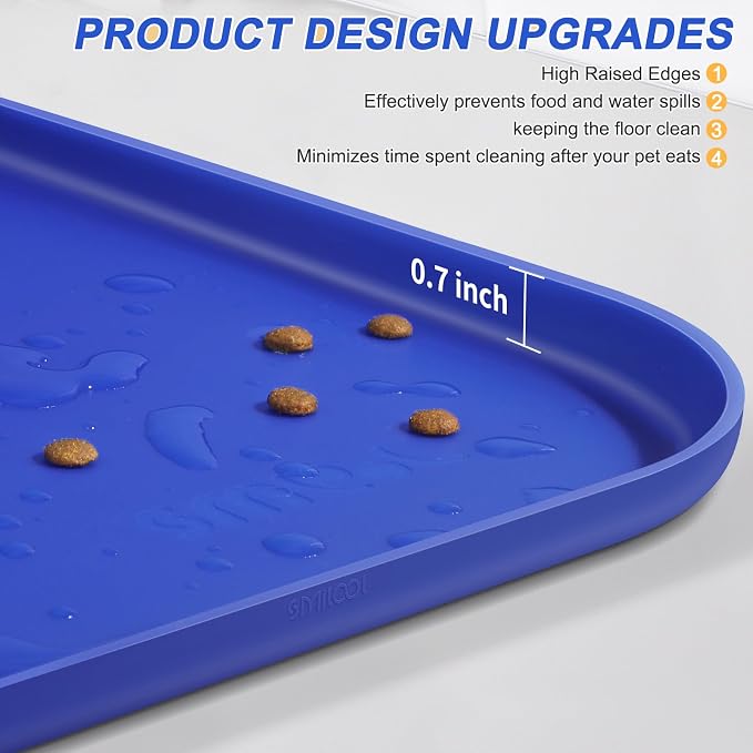 SMILOOL Waterproof Silicone Pet Food Mat with Raised Edge for Dog & Cat | 19" x 12" Non-Slip Pet Feeding Mats with Lip for Food & Water Bowl, Food Grade, Easy Cleaning, Navy Blue