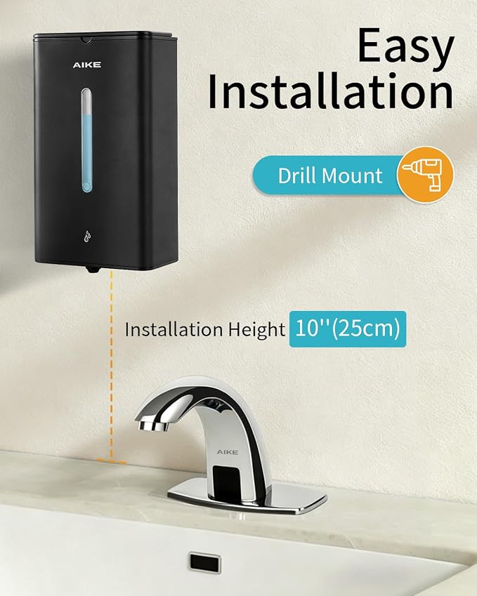 AIKE Heavy Duty Automatic Soap Dispenser,33.8oz for Bathroom,Matteblack | 5-Level and Savety Key for Commercial(4*AA Batteries Not Included),Screw Wall Mount for Space-Saving,Stainless Steel AK1207