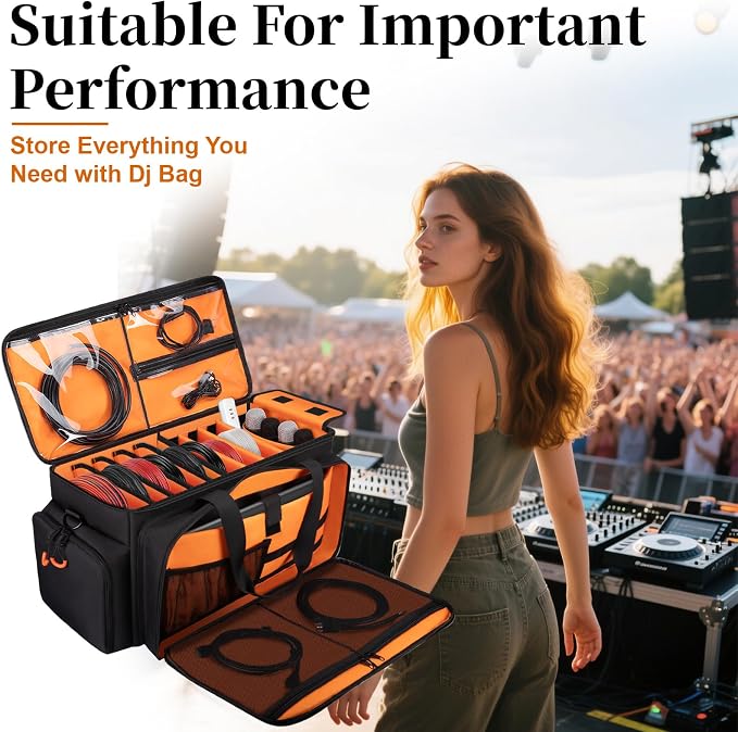 Large Dj Cable Bag with Laptop and Microphone Pocket, Dj Bag for Equipment and Music Accessories with Detachable Dividers, Bottom Pad, Dj Gig Bags for Musicians, Professional, Travel, Orange