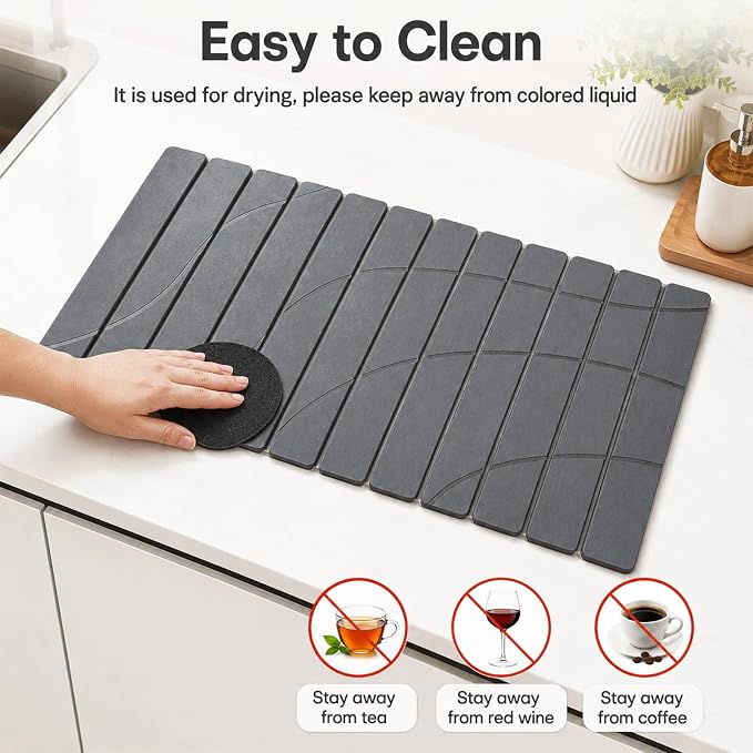 Extra Large Stone Dish Drying Mat for Kitchen Counter, Quick Dry Stone Dish Mats, Foldable Water Absorbing Diatomaceous Drying Pad for Countertop Bottles Utensils Bathroom (Flow Line Gray 32"x16")