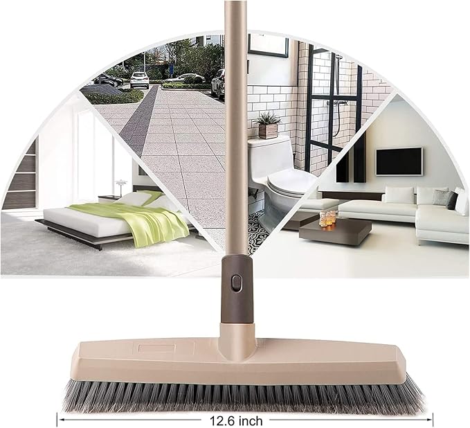 Broom and Dustpan Set 12.6”Push Broom Stiff Floor Scrub Brush Heavy-Duty Brooms with Adjustable Handle for Home Broom/Broom and Dustpan (Color : Black) (Brown)