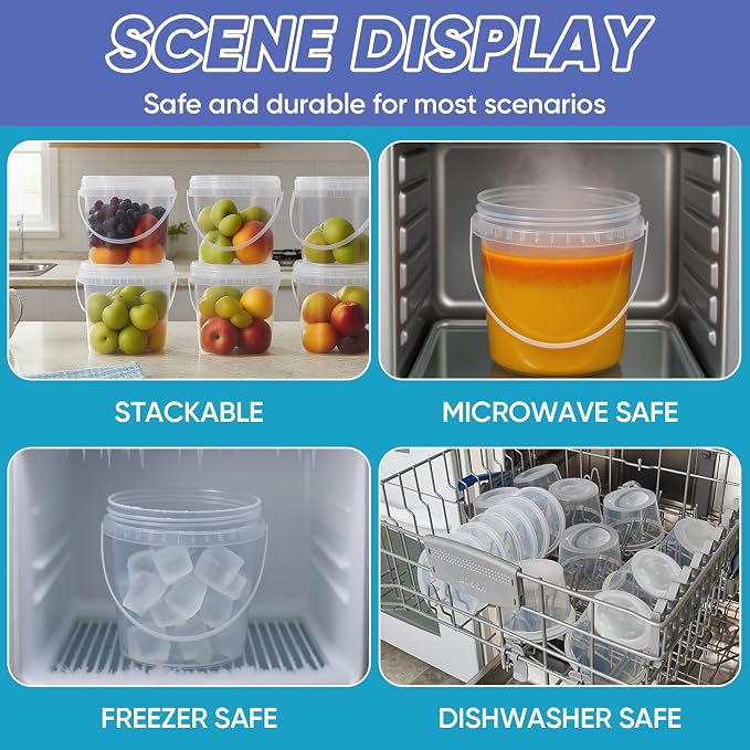 4Pack 34oz Clear Bucket with Lids - Plastic Food Storage Containers, Airtight Screw-On Lids - Freezer Safe Ice Cream Bucekts, Food Grade Reusable Containers for Kitchen