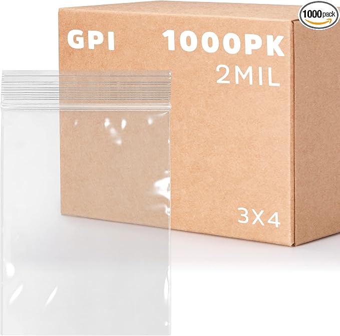 Clear Plastic Reusable Zip Bags - Bulk GPI Case of 1000, 3" x 4" 2 mil Thick Strong & Durable Poly Baggies With Resealable Zip Top Lock For Travel, Storage, Packaging & Shipping.