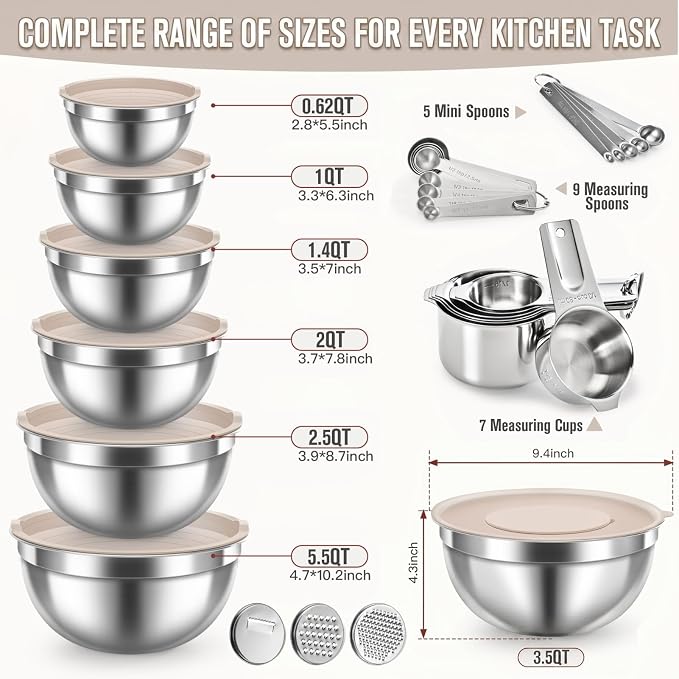 31PCS Mixing Bowls with Lids Set, 5.5QT to 0.6QT Stainless Steel Nesting Bowls with Graters, Large Khaki Bowls & 21 Measuring Cups and Spoons Set Kitchen Appliances for Mixing, Baking, Food Storage