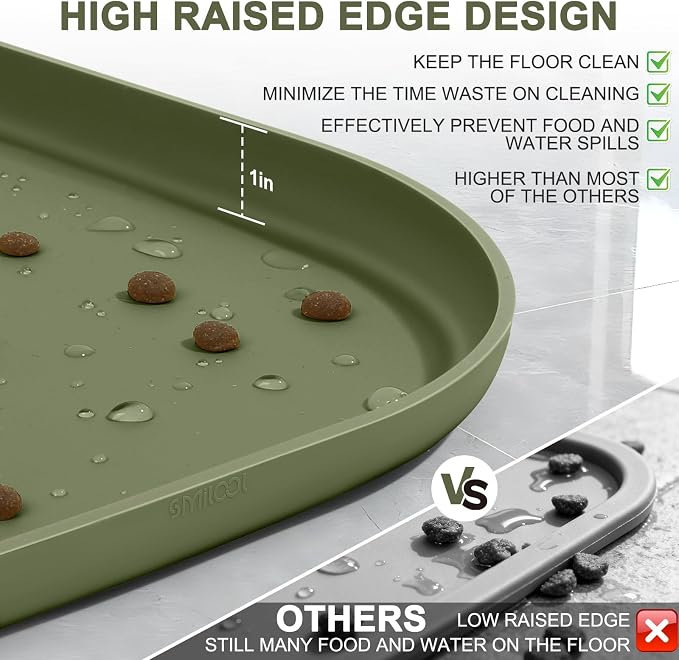 SMILOOL Waterproof Silicone Pet Food Mat with Raised Edge for Dog & Cat | 36" x 24" Non-Slip Large Pet Feeding Mats with Lip for Food & Water Bowl, Food Grade, Easy Cleaning, Light Olive Green