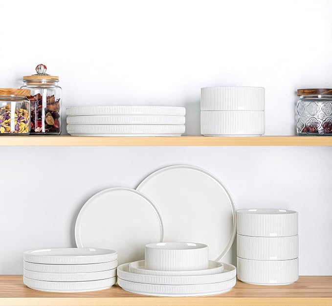 TheTerra Ceramic Dinnerware Sets for 8, 24 Pieces Porcelain Lightweight Plates and Bowls Sets, Scratch Resistant Dish Set, Oven & Microwave & Dishwasher Safe, Bright White