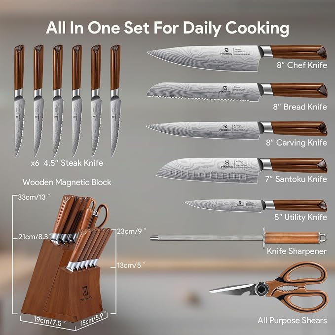 Kitchen Knife Sets With Block, Piklohas 15 Pieces Knife Sets With Magnetic Detachable Knife Holder, High Carbon Steel Damascus Pattern Chef Knife Set With Steak Knives, Ideal For House Warming Gift