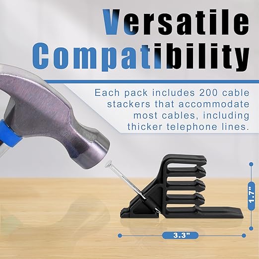 Cable Stackers 200Pcs, Cable Stapler Clips with Steel Nails, Multi-Purpose Electrical Wire Stackers, Insulated Cord Staples for Most Cable Types, Easy-to-Install