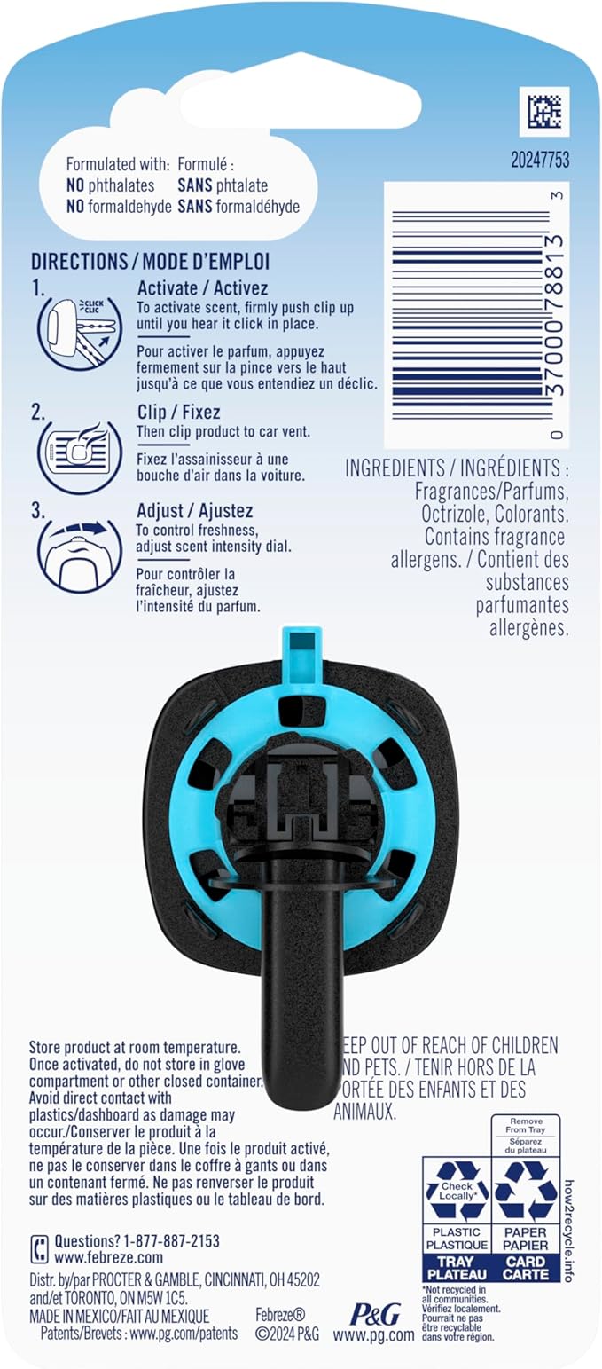 Febreze Car Air Freshener, Odor-Fighting Automotive Vent Clip, Scented Car Accessories, Long Lasting for Strong Odors, Platinum Ice Scent, 1 Count