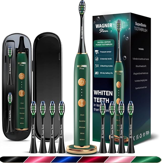 Wagner Stern WHITEN+ Electric Toothbrush, 48,000 VPM, Pressure Sensor, 5 Modes, 8 Brush Heads, Travel Case