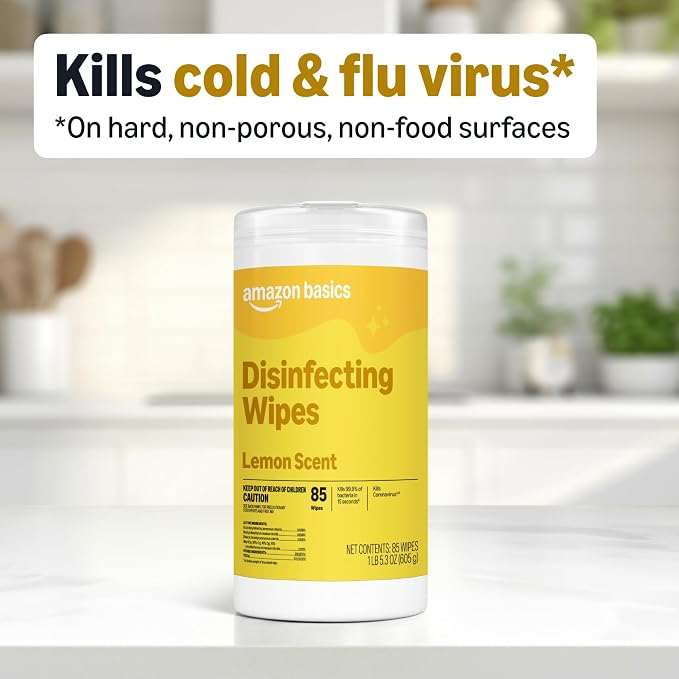 Amazon Basics Disinfecting Wipes, Lemon Scent, for Sanitizing, Cleaning & Deodorizing, 255 Count (3 Packs of 85), Packaging May Vary