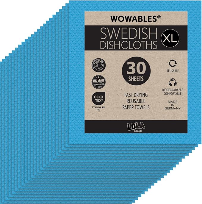 Swedish Dishcloths for Kitchen XL, 30 Sheet Roll, Biodegradable & Compostable, Reusable Paper Towel Cleaning Cloths, 11" x 10", No Odor, Washing Dishes, Ultra Absorbent Cellulose Sponge Towel, By LOLA