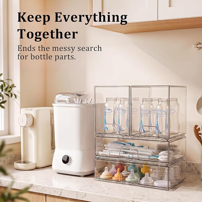Clear Stackable Storage Drawers: Baby Bottle Storage Organizer, Acrylic Bottles Station Organizer Container for Countertop, Vanity, Bathroom, Cabinet Organization - 4 Pack