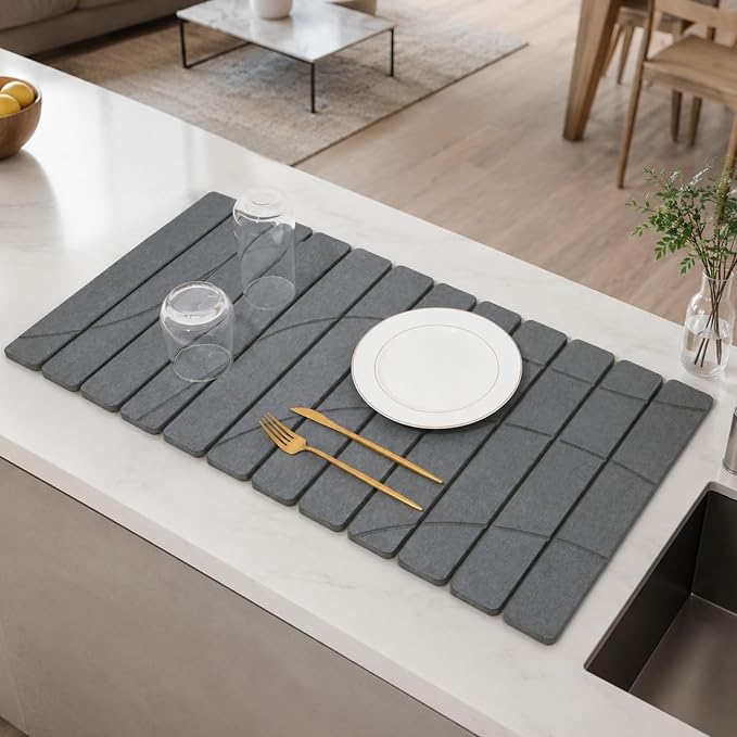 Extra Large Stone Dish Drying Mat for Kitchen Counter, Quick Dry Stone Dish Mats, Foldable Water Absorbing Diatomaceous Drying Pad for Countertop Bottles Utensils Bathroom (Flow Line Gray 32"x16")