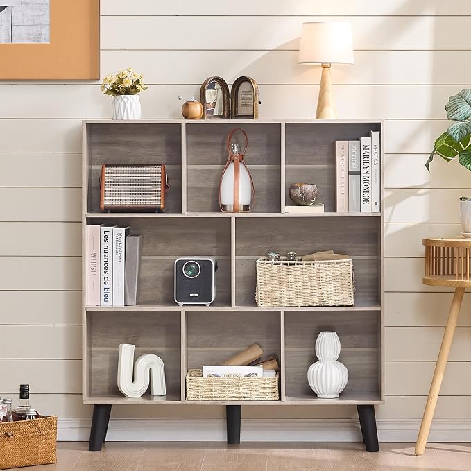 LEYAOYAO 8 Cube Bookshelf, Mid-Century Modern Book Shelf with Legs, Grey | 3 Tier Bookcase, Rustic Wood Bookshelves Freestanding Large Storage Organizer, Open Shelves for Bedroom, Living Room, Office
