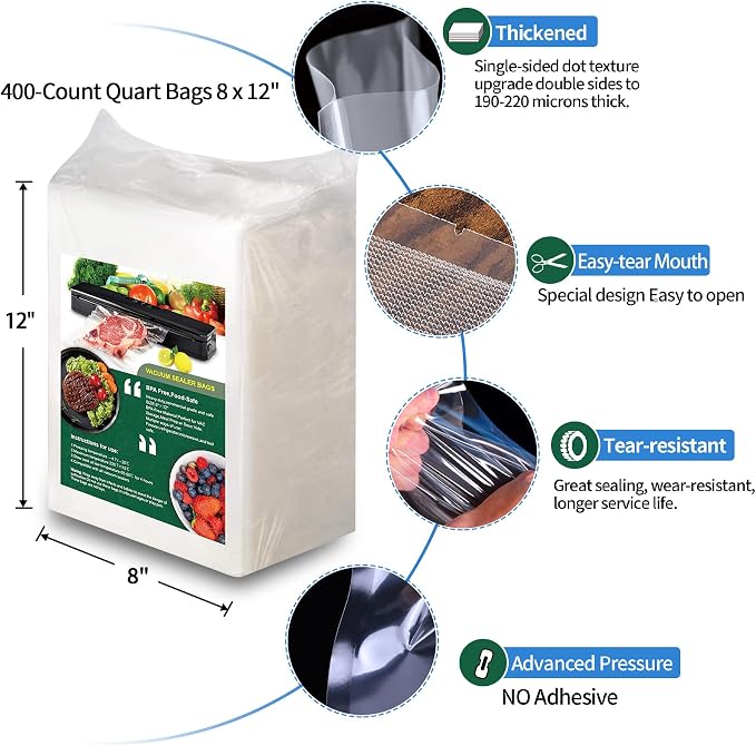 AENTGIU 400 Vacuum Sealer Storage Bags, 8x12 Inch Seal a Meal Bags | BPA Free Quart Bags, Compatible with All Heat Vacuum Sealer Machine, Heavy Duty, Ideal for vac storage,Meal Prep or Sous Vide