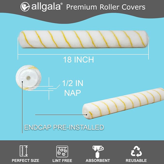 Allgala 18 Inch Shedless Lint Free Paint Roller Covers with End Caps -1PK-TH10318