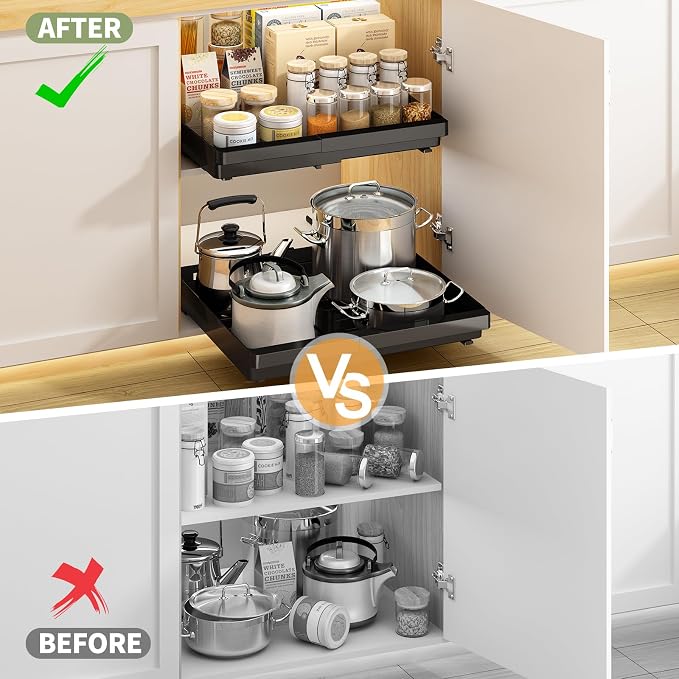 DOMNIU 2 Pack Pull Out Cabinet Organizers Expandable (13''-19''), Plastic Slide Out Drawers for Kitchen, Bathroom, Pantry, Under Sink Storage, Pull Out Drawers Fixed with Adhesive Nano Film (Black)