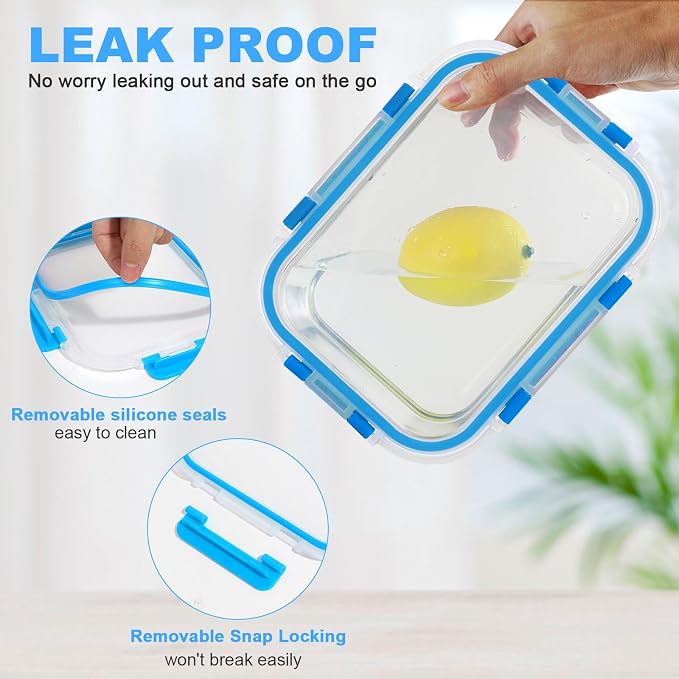 30 Pieces Glass Food Storage Containers Set, Blue | Glass Meal Prep Containers Set, Snap Locking Lids, Airtight Lunch Containers, Microwave, Oven, Freezer & Dishwasher Safe