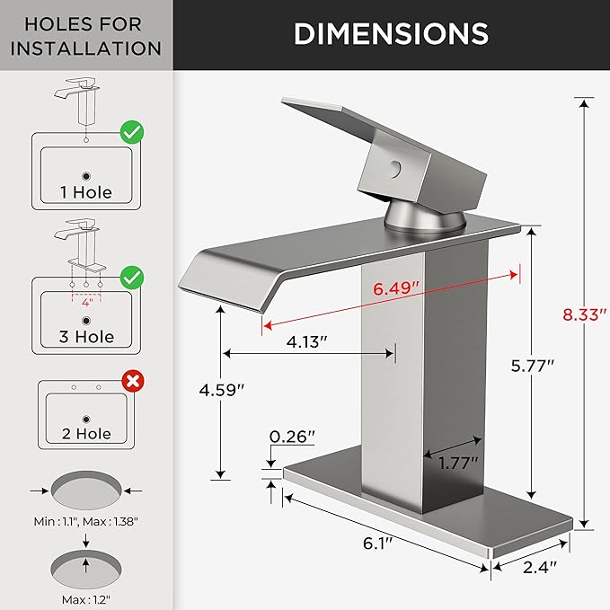 FORIOUS Bathroom Faucet Brushd Nickel Modern Waterfall Bathroom Sink Faucet 1 or 3 Hole Single Handle with Deck Plate and Drain, Suitable for Vanity Rv Camper Commerical