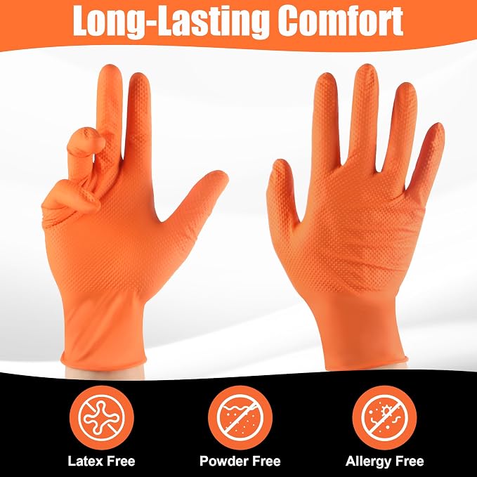 TREEGO 10 Mil Heavy Duty Orange Nitrile Mechanic Gloves, 100 Count M | Diamond Grip Rubber Gloves, Latex & Powder Free for Equipment Repair, Utility Maintenance, Tool Handling & Outdoor Work