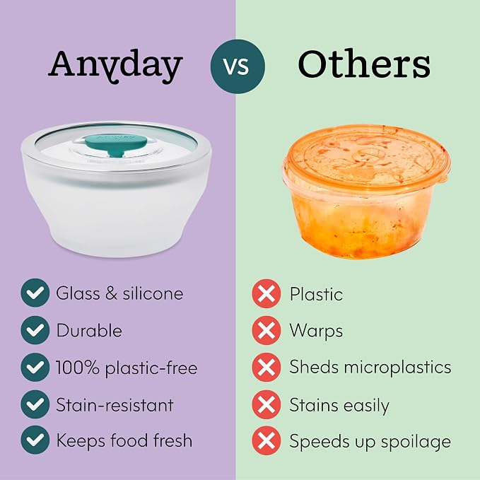 Anyday 4-Pc Microwave Cookware & Glass Food Storage Set, Medium (Blueberry) | Plastic-Free Containers, Stackable Steamer, Vented Lid, Reheating and Steaming Vegetables, Rice