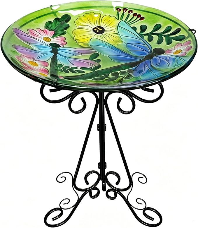Large Glass Bird Bath with Metal Stand, Dragonfly | 18" Wide Bowl, 3.2" Bathing Depth, Thick Glass Construction, Stable 3-Leg Base, Easy Clean Surface, Garden Decor